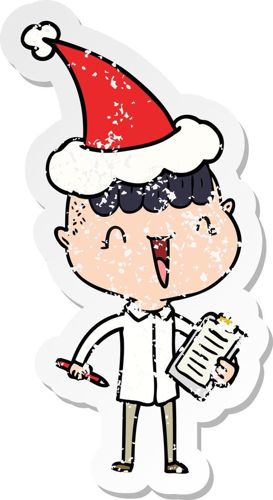 distressed sticker cartoon of a happy boy surprised wearing santa hat vector
