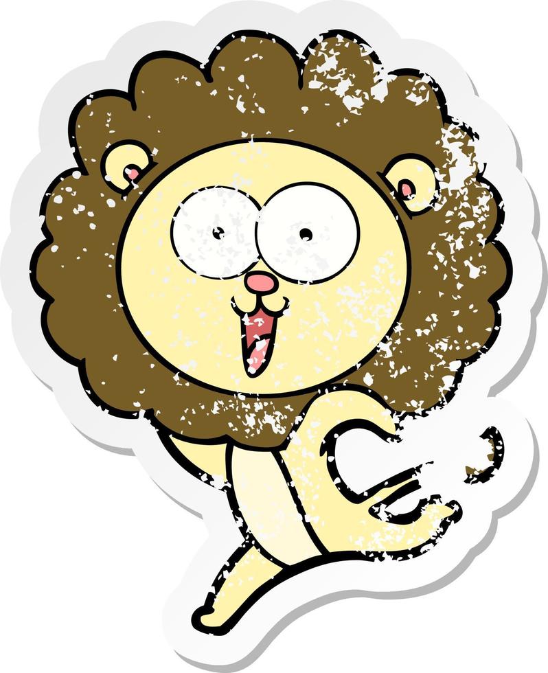 distressed sticker of a happy cartoon lion vector