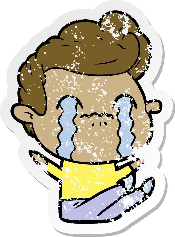 distressed sticker of a cartoon man crying vector