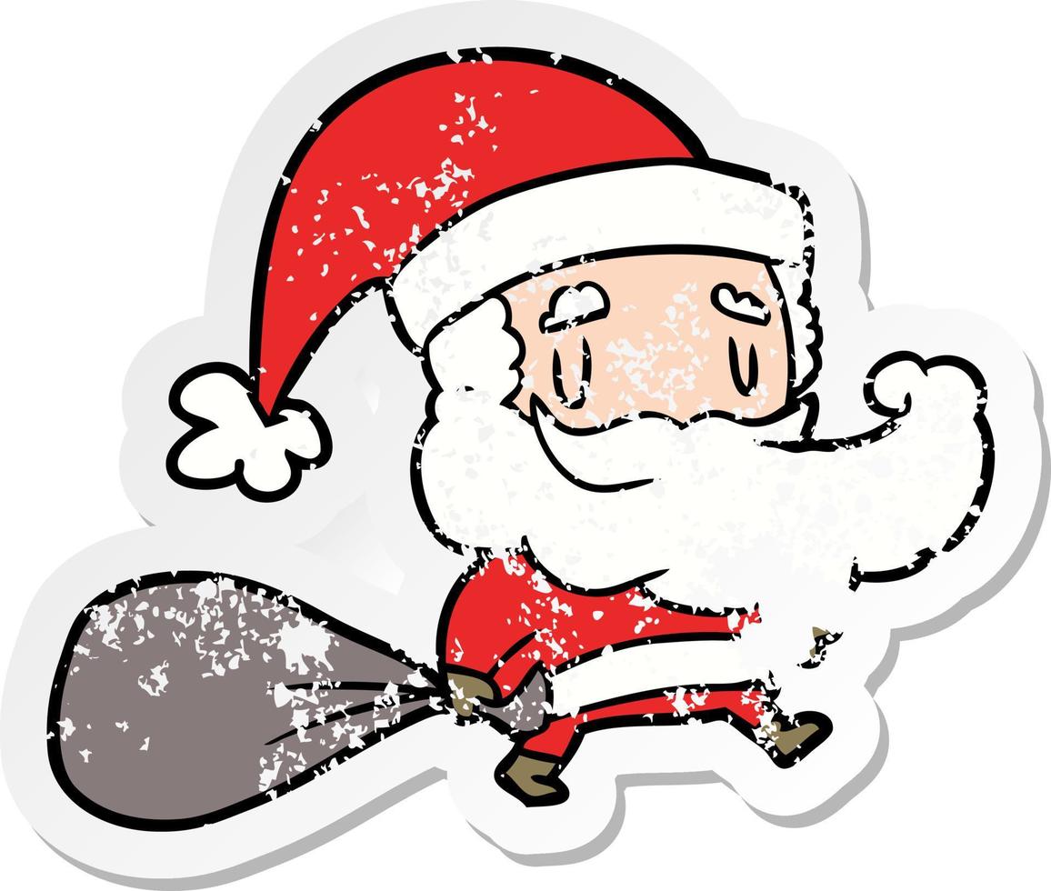 distressed sticker of a cartoon santa claus with sack vector