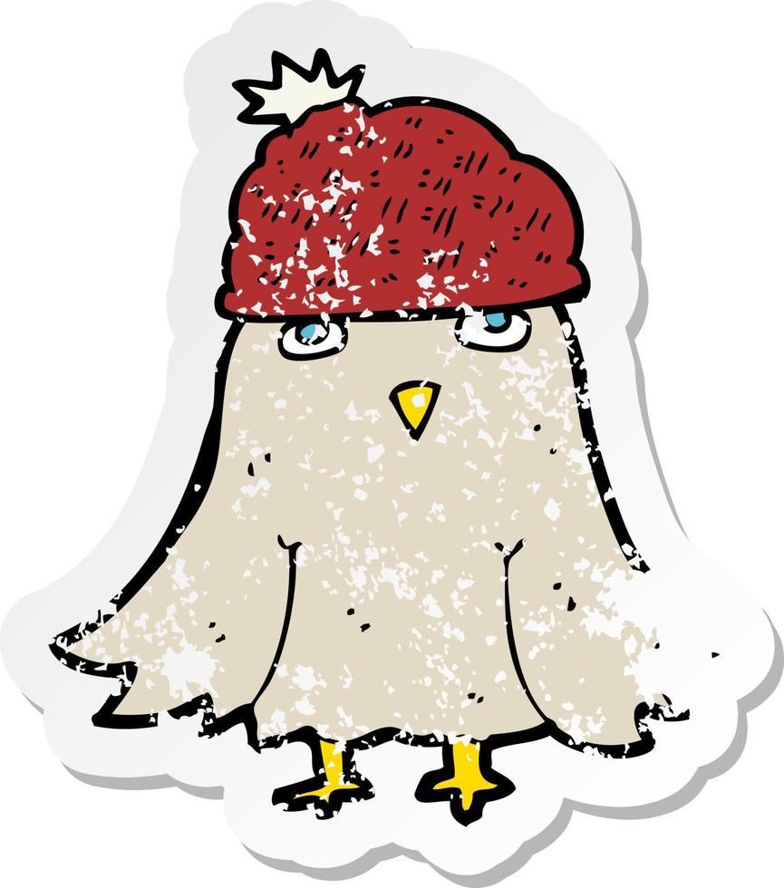 retro distressed sticker of a cartoon owl wearing hat vector