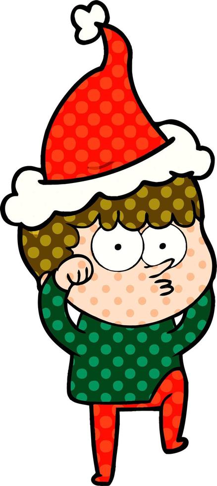 comic book style illustration of a curious boy rubbing eyes in disbelief wearing santa hat vector