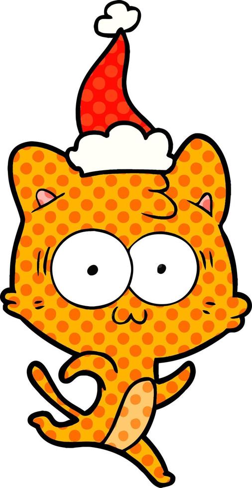 comic book style illustration of a surprised cat running wearing santa hat vector