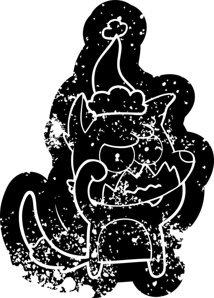 cartoon distressed icon of a annoyed fox wearing santa hat vector