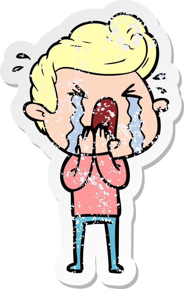 distressed sticker of a cartoon crying man vector