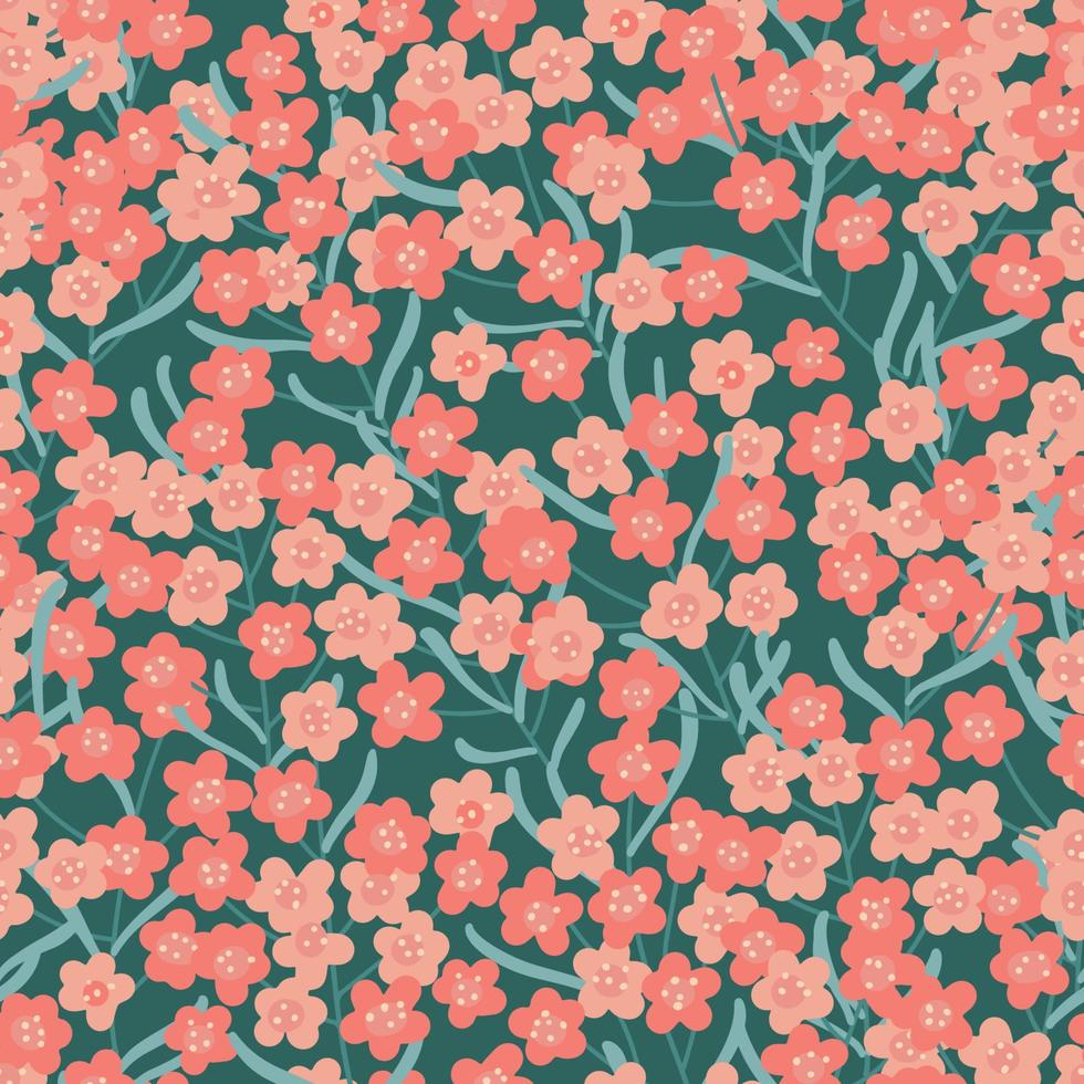 Abstract Pattern with flowers on branches. Beautiful poster with small wild flowers. Design for wallpaper and printing on fabric. Cartoon abstract flat vector illustration isolated on green background