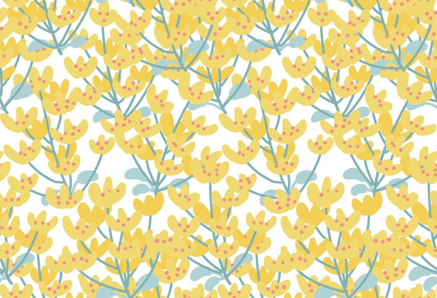 Yellow floral seamless pattern with leaves and small flowers. Vector flat hand drawn botanical background. Herbarium