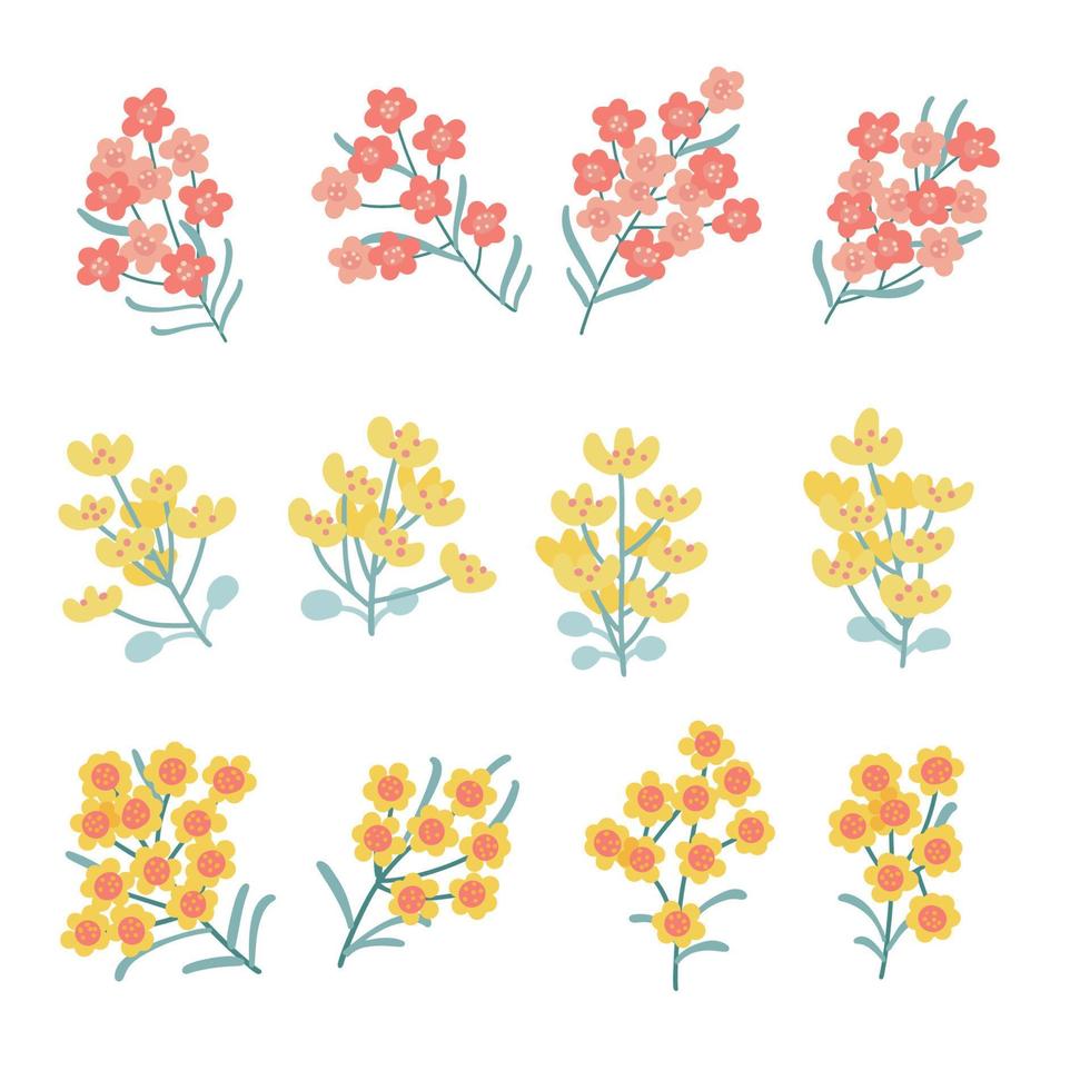 Abstact Flower on branches collection with leaves, floral twigs. Spring art set with botanical elements. Folk style. Elements for the spring holiday. Flat vector illustration isolated on white