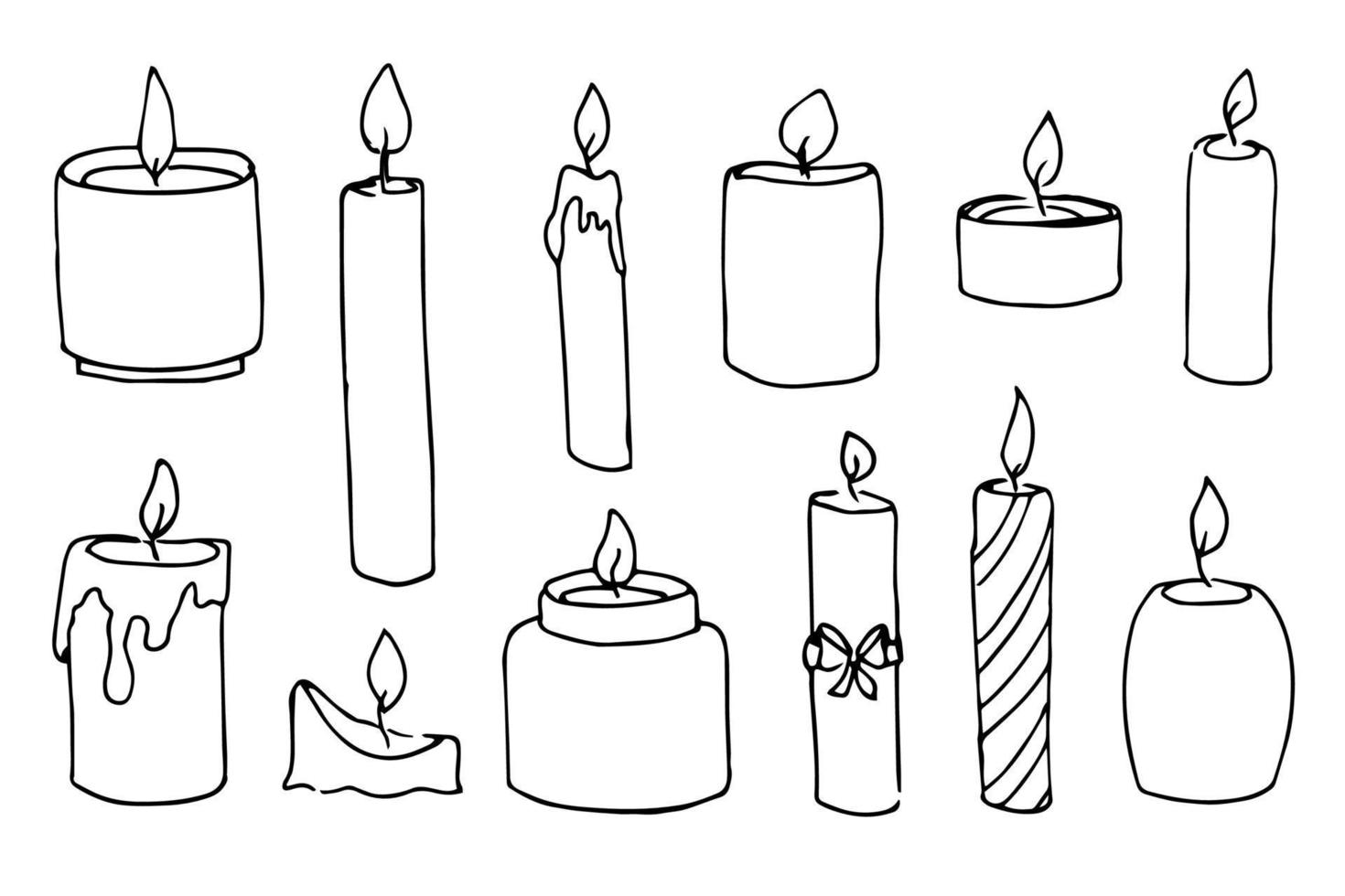 Sketch of Candles. Hand drawn vector illustration with candlelight in doodle style for Christmas or birthday design. Simple contour drawing for icon or logo. Black line on white isolated background