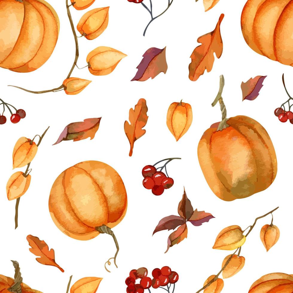 Autumn seamless Pattern with fall leaves and orange Pumpkin. Hand drawn vector watercolor background for harvest festival or halloween design. Backdrop for wrapping paper or fabric