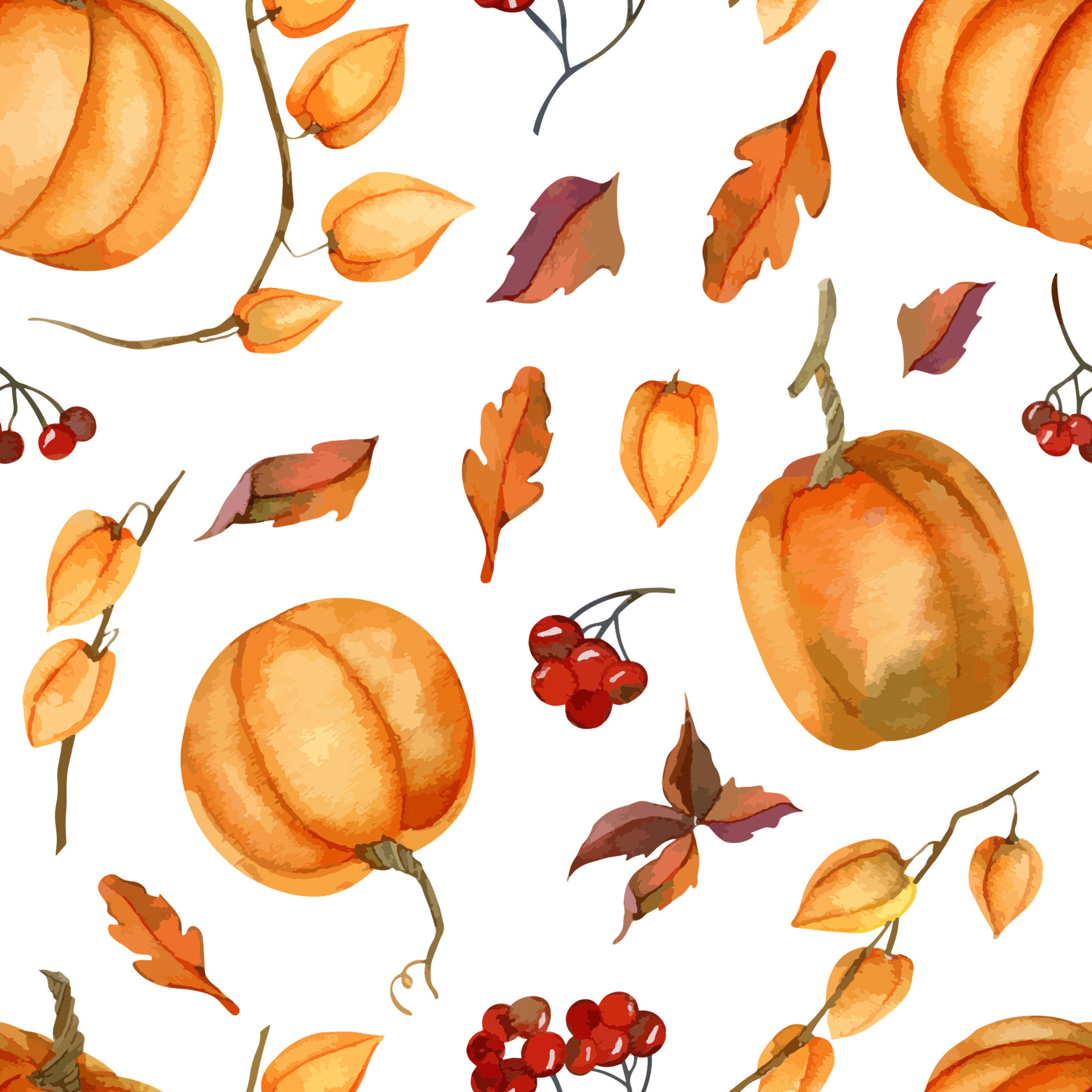 Autumn seamless Pattern with fall leaves and orange Pumpkin Hand drawn