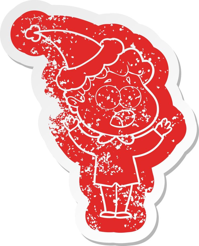 cartoon distressed sticker of a man gasping in surprise wearing santa hat vector