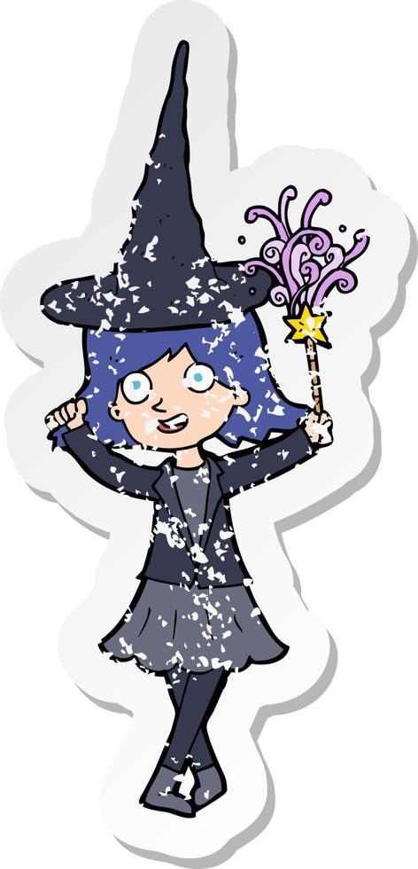 retro distressed sticker of a cartoon happy witch vector