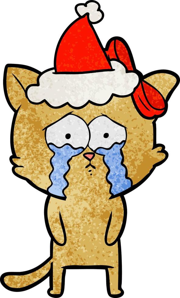 textured cartoon of a cat wearing santa hat vector