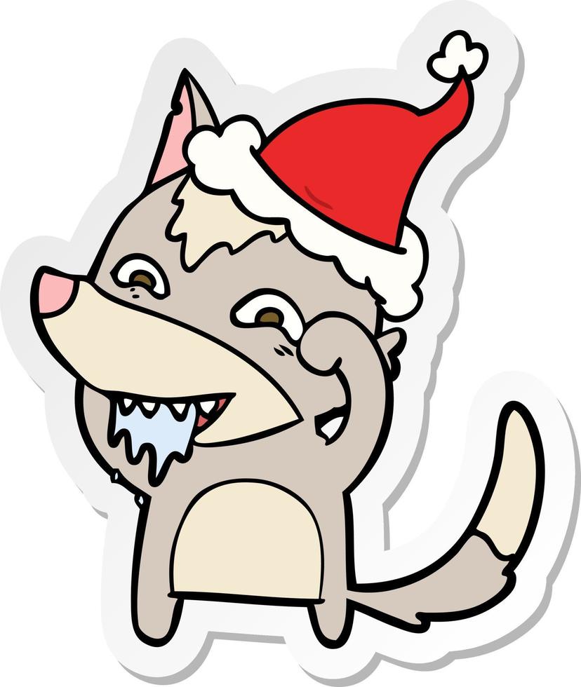 pegatina, caricatura, de, un, hambriento, lobo, llevando, santa sombrero vector