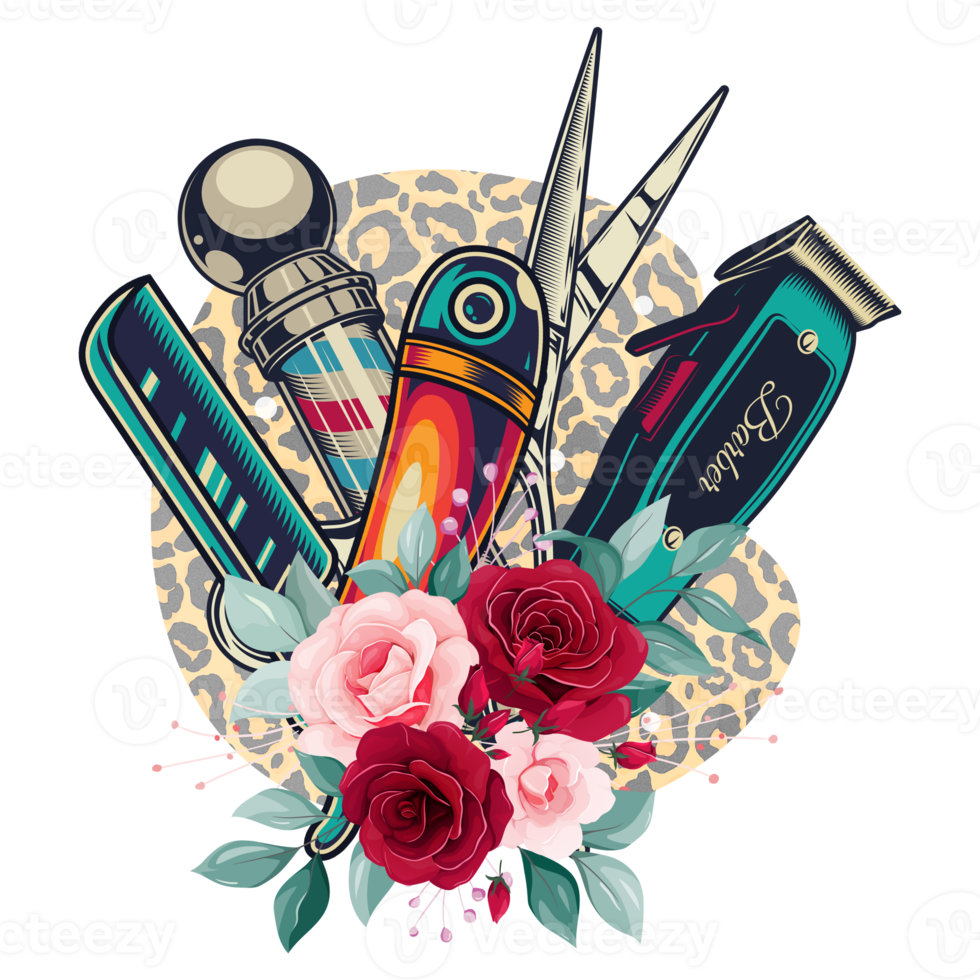 Barber vintage blooming roses PNG,barber poles scissors,hair clippers,straight razors,Barbershop,Leopard,Sublimation Design PNG