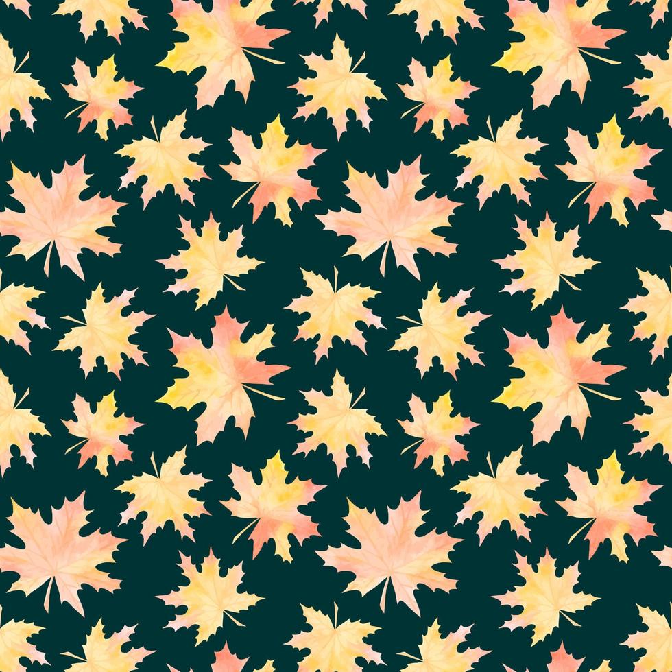 patrón transparente de vector esmeralda con hojas de arce amarillas acuarela
