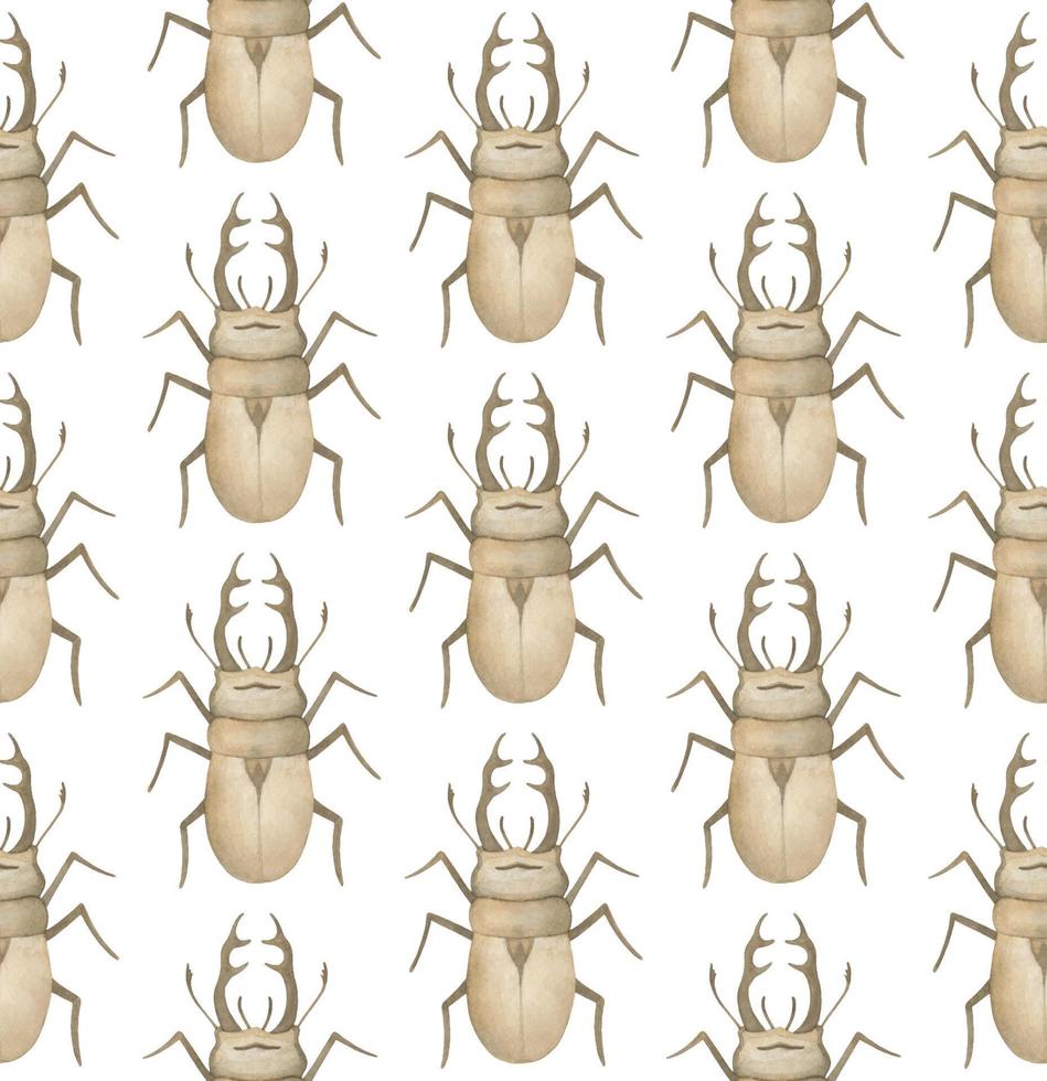 WHITE VECTOR SEAMLESS PATTERN WITH WATERCOLOR RHINOCEROS BEETLES