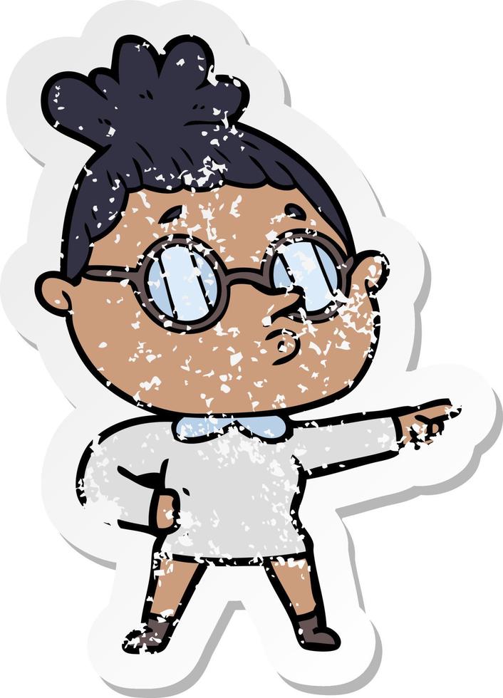 distressed sticker of a cartoon woman wearing glasses vector