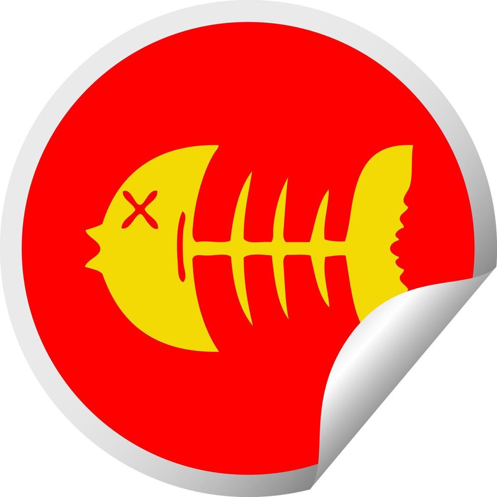 quirky circular peeling sticker cartoon dead fish bone vector