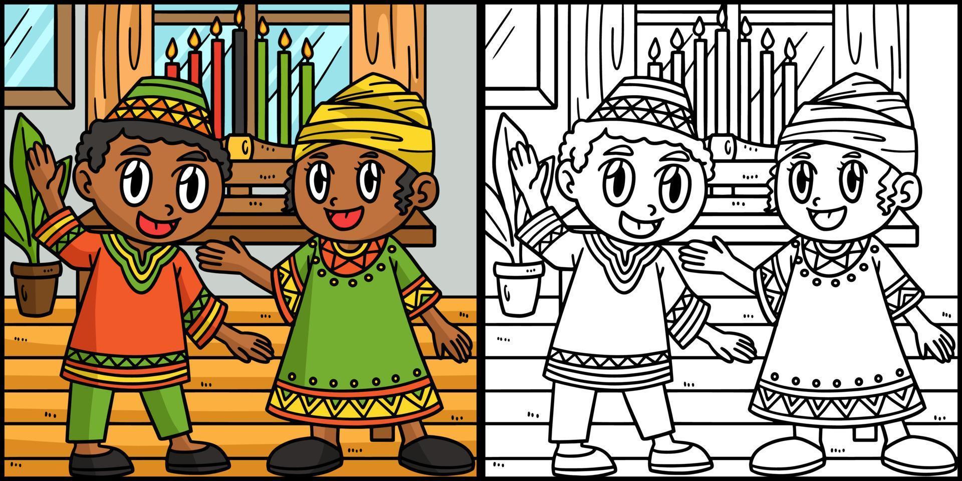 niños kwanzaa y kinara para colorear ilustración vector