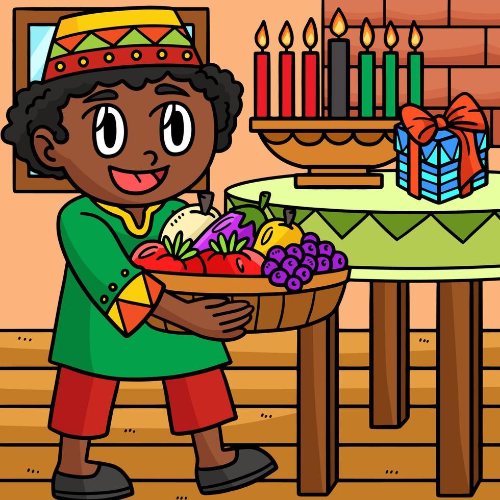 Kwanzaa Boy Carrying a Mazao Colored Cartoon vector