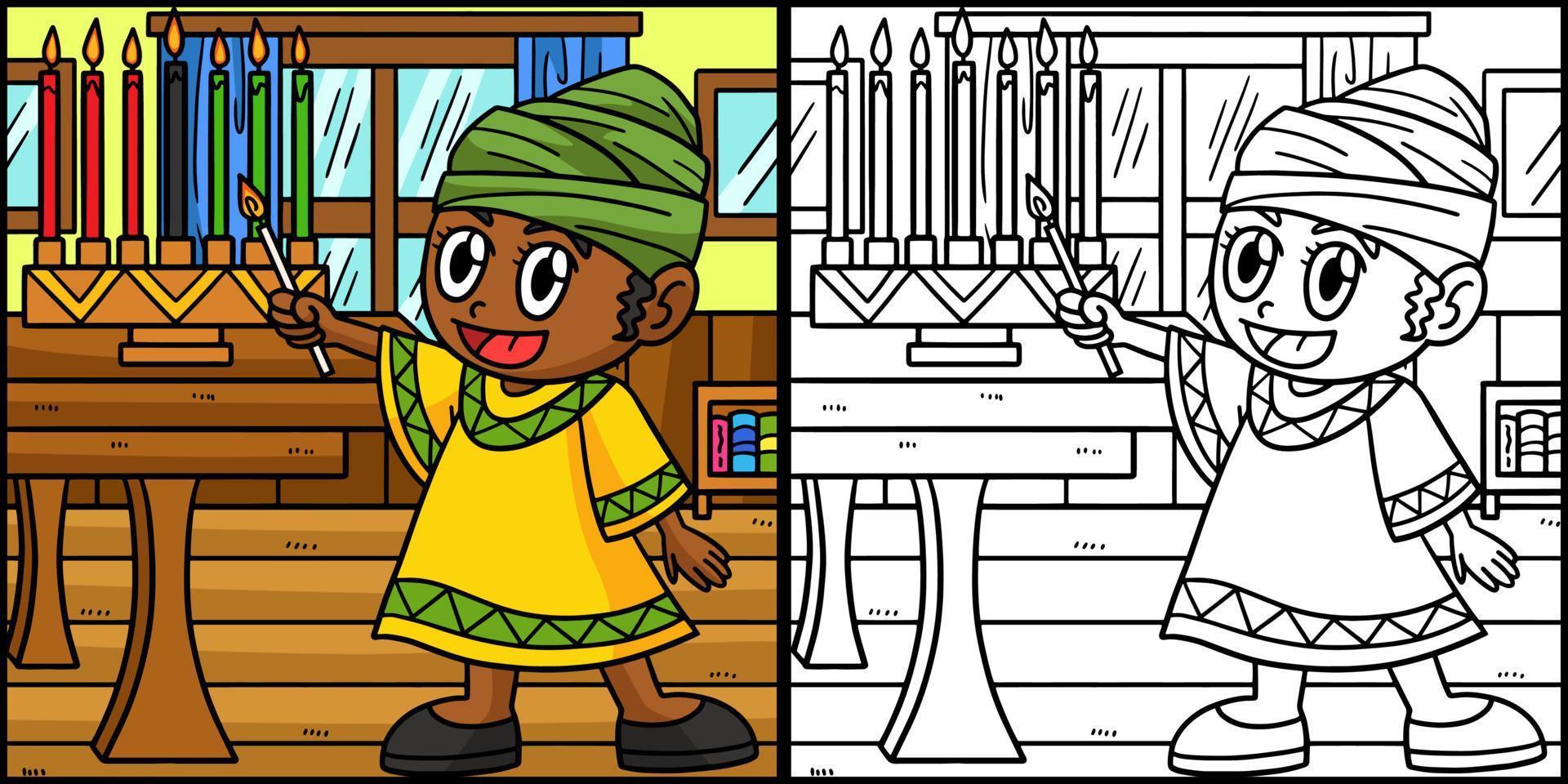 kwanzaa niño iluminación kinara ilustración en color vector