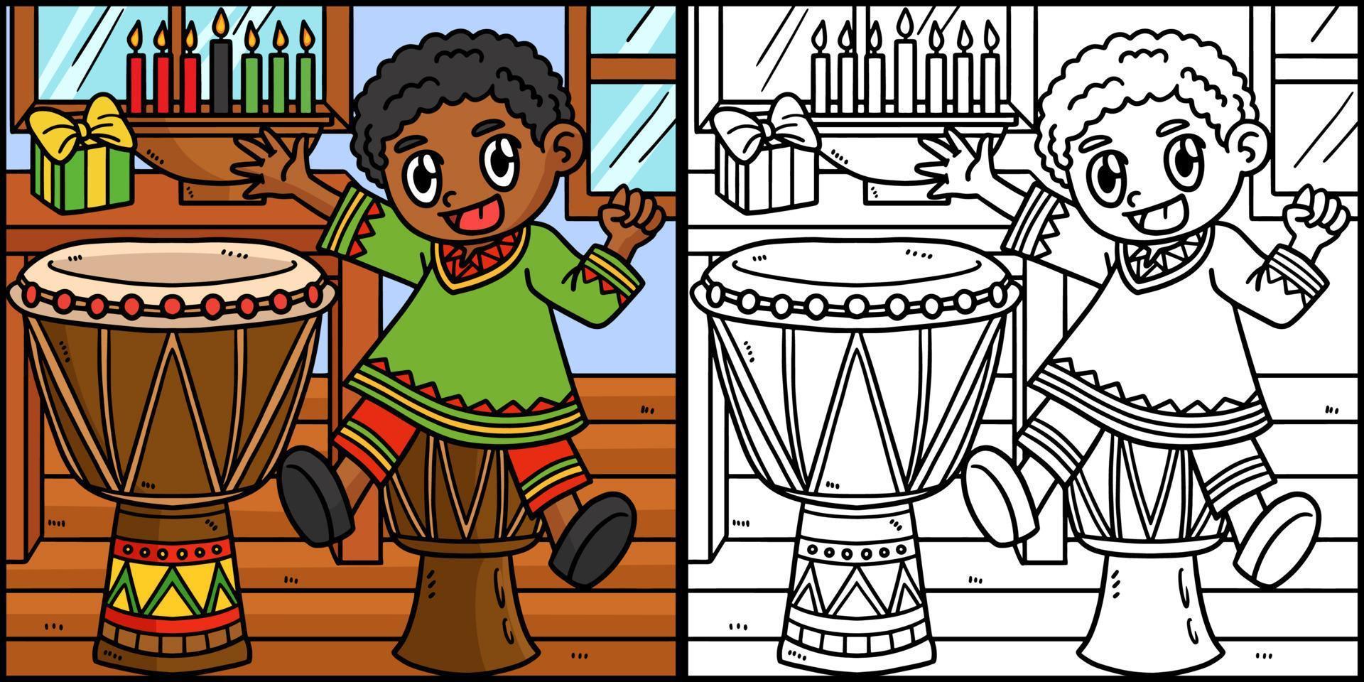 Kwanzaa Child Playing Djembe Coloring Illustration vector