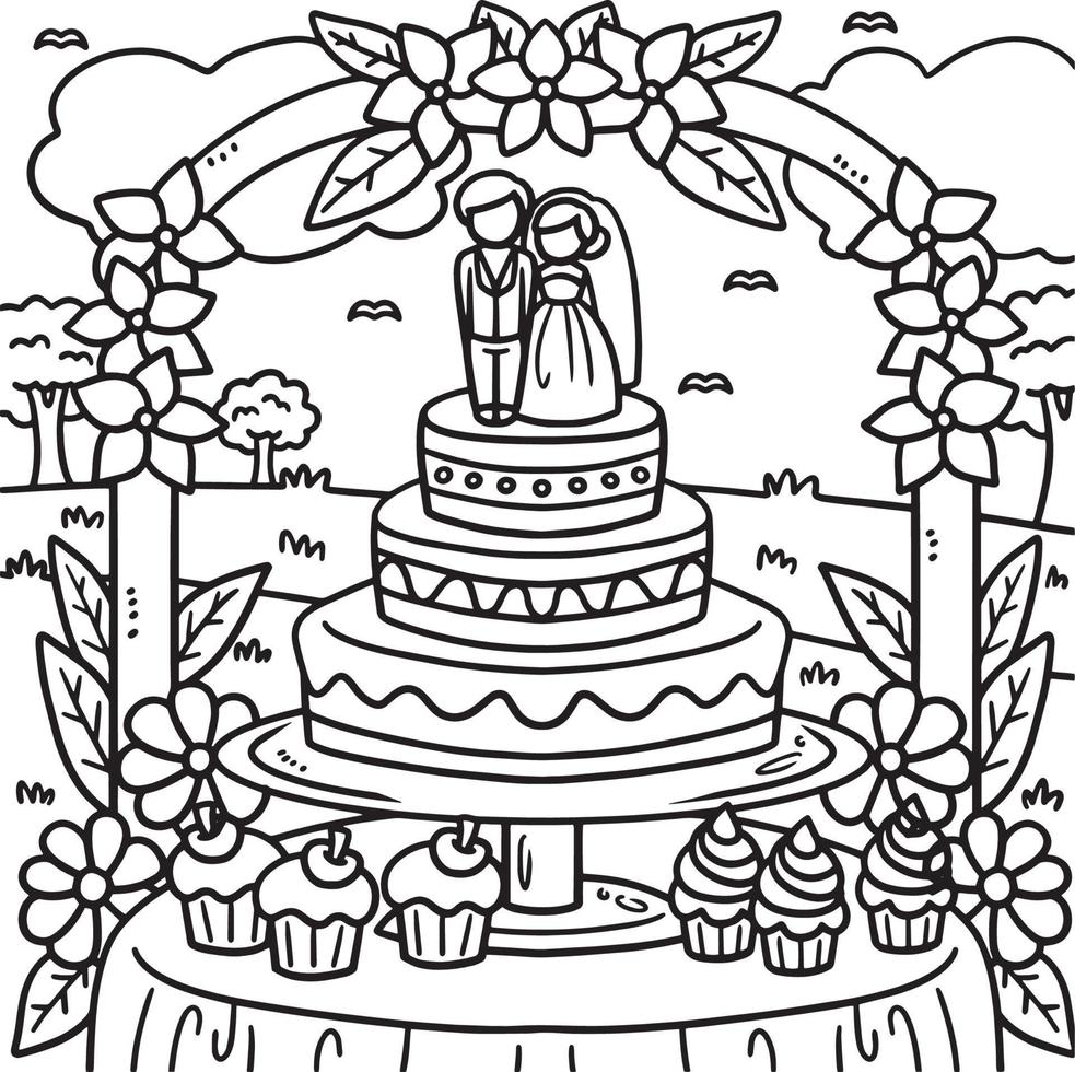 pastel de bodas para colorear página para niños vector