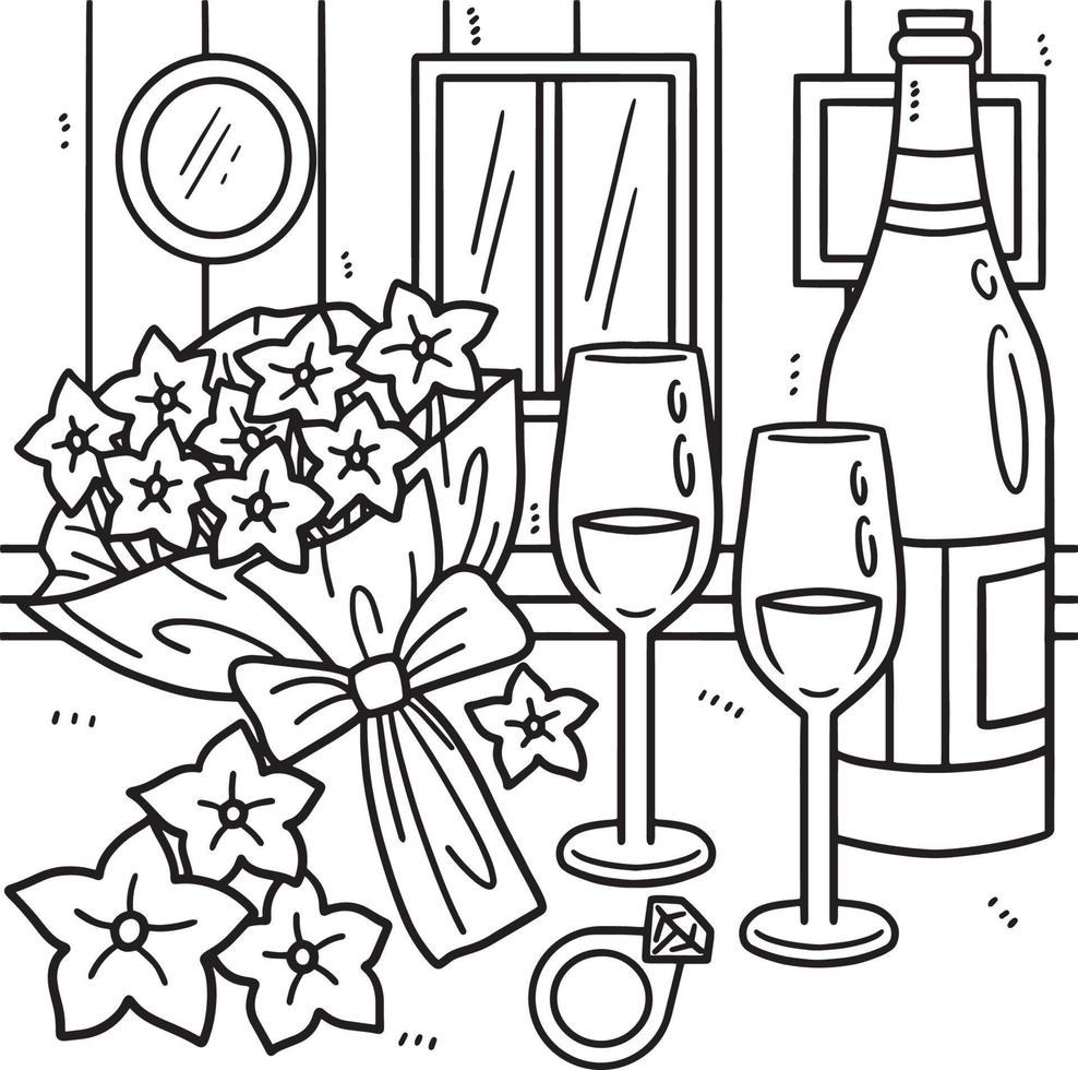 Wedding Glass of Wine, Ring and Flowers Coloring vector