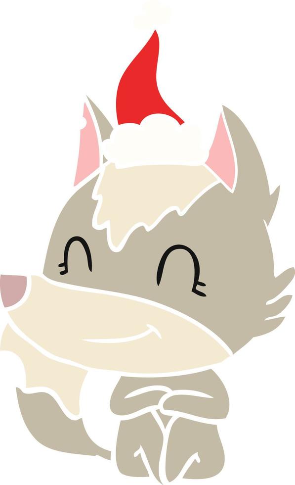 amigable ilustración de color plano de un lobo con sombrero de santa vector