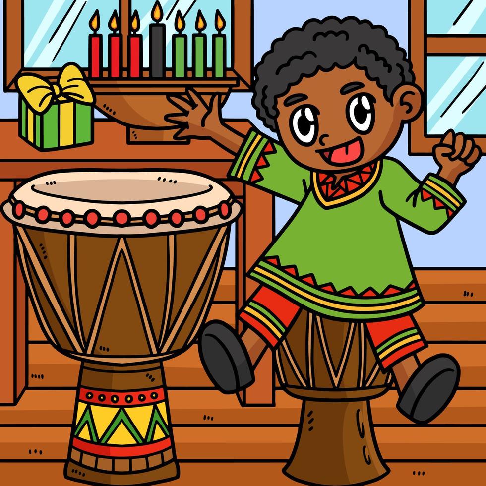 kwanzaa niño tocando djembe dibujos animados de colores vector