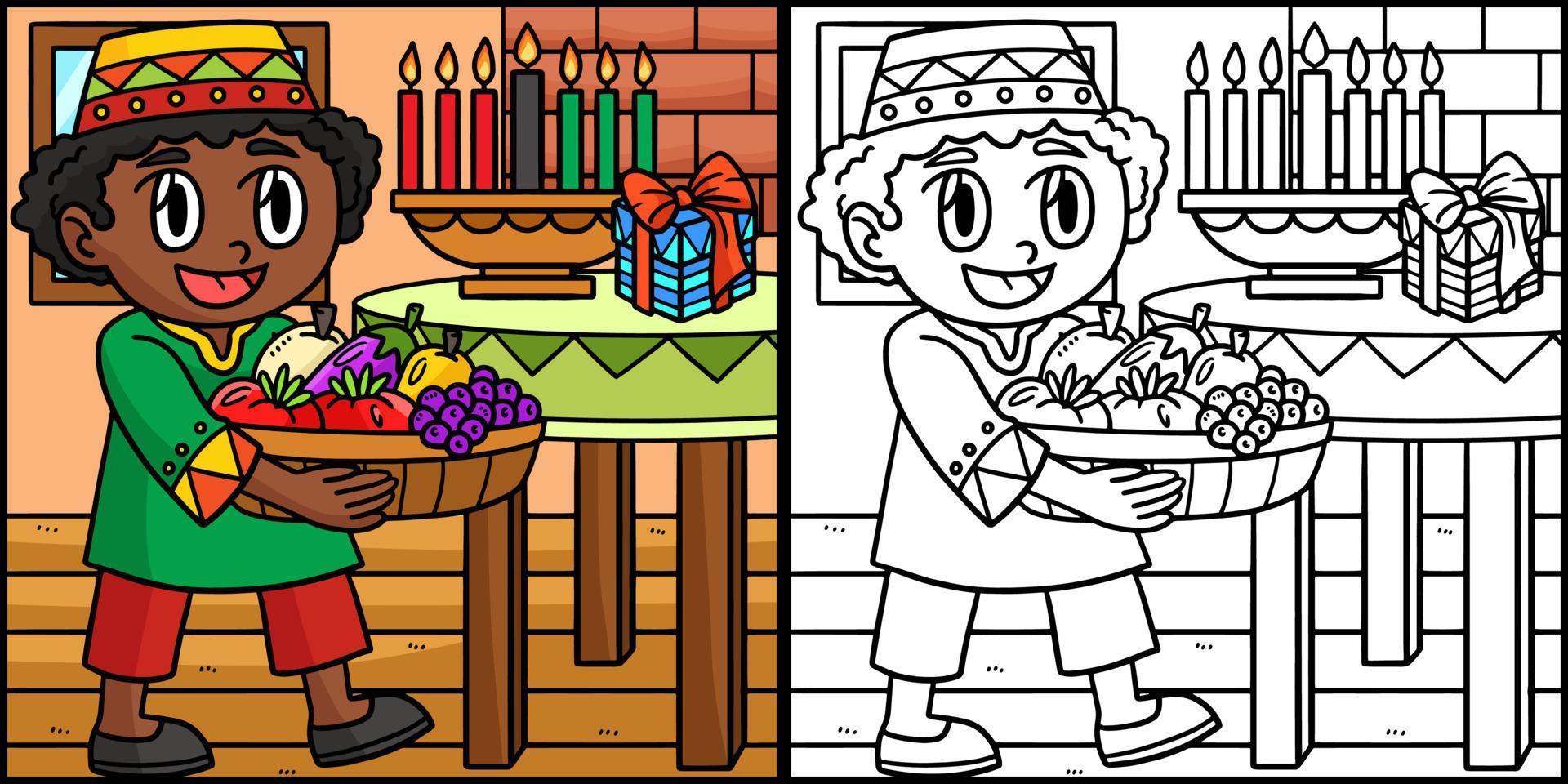 Kwanzaa Boy Carrying Mazao Coloring Illustration vector