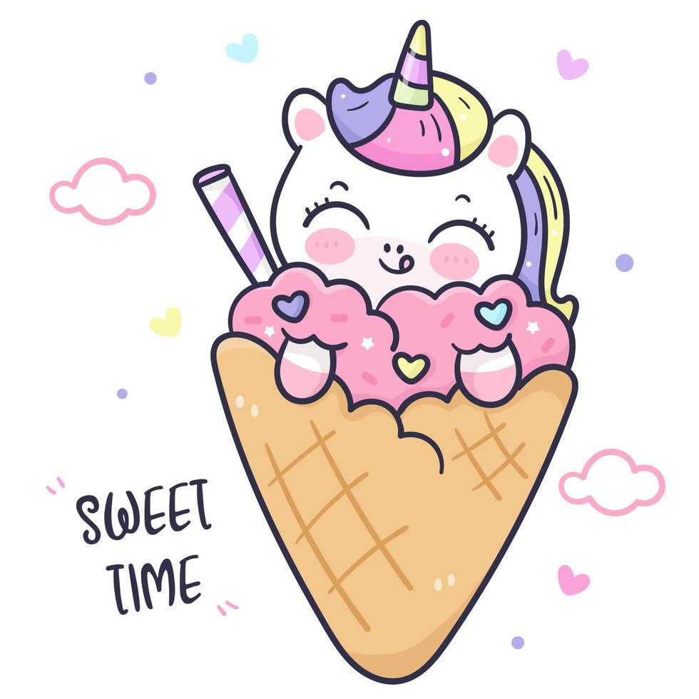 lindo unicornio en helado kawaii vector