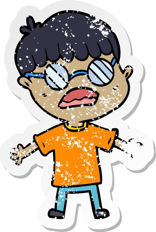 distressed sticker of a cartoon boy wearing spectacles vector