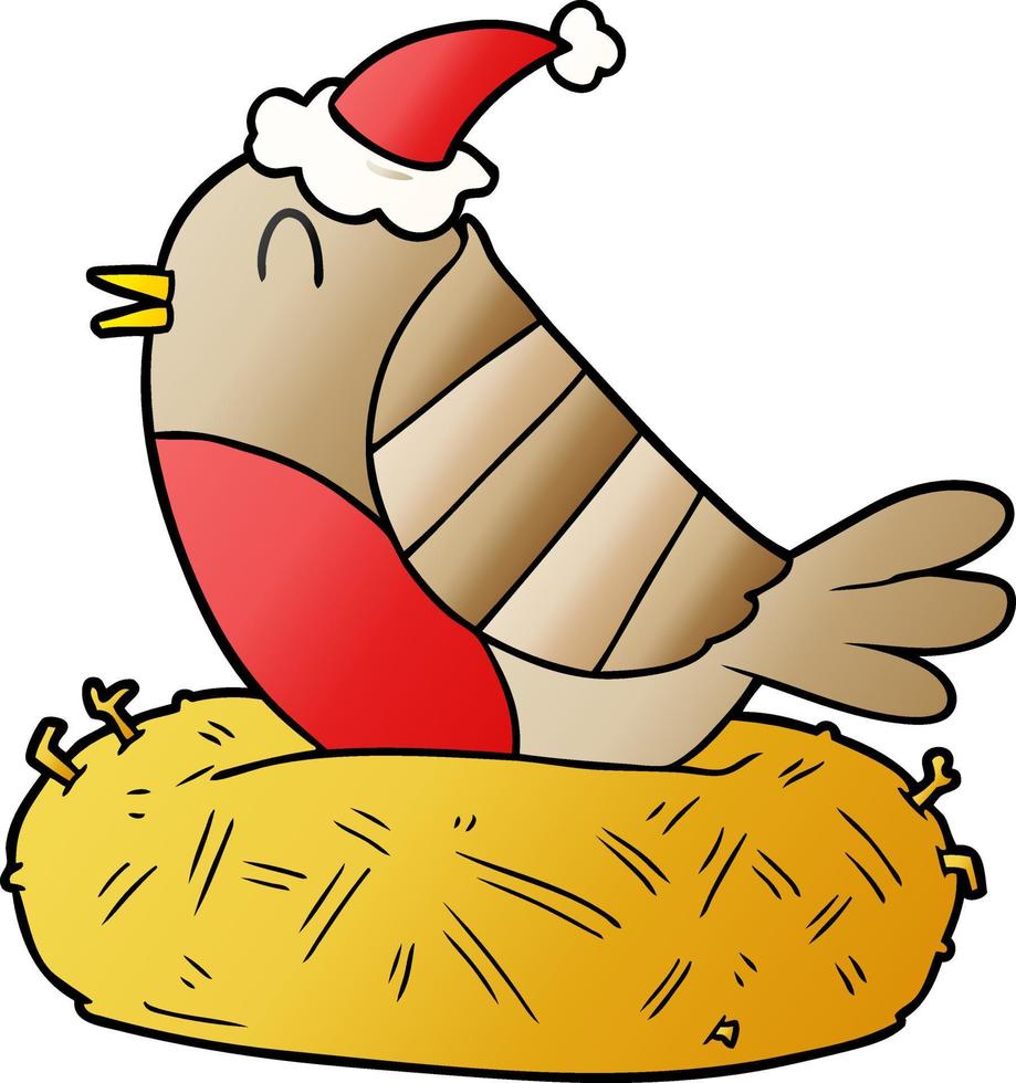 gradient cartoon of a bird sitting on nest wearing santa hat vector