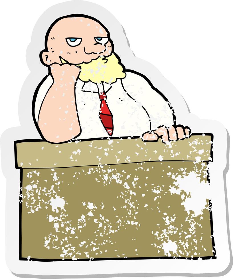 retro distressed sticker of a cartoon bored man at desk vector