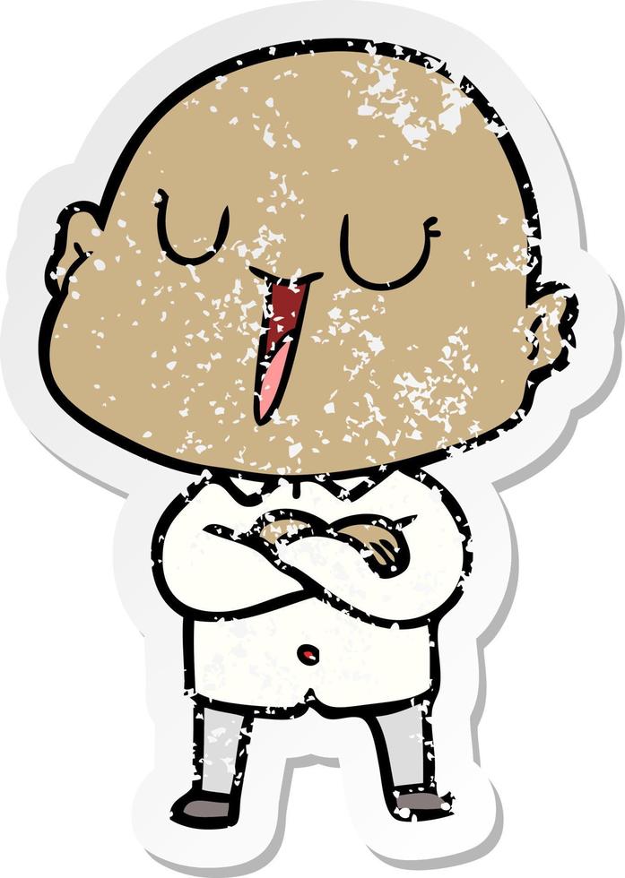distressed sticker of a happy cartoon bald man vector