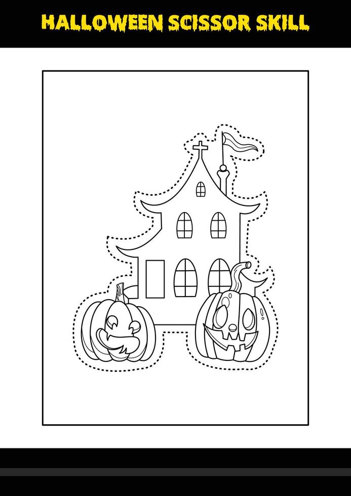 Halloween scissor skill for kids. Halloween scissor skill coloring page for kids. vector