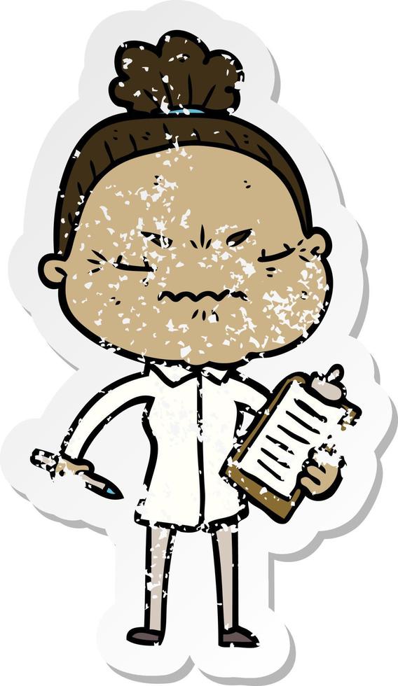 distressed sticker of a cartoon annoyed old lady vector