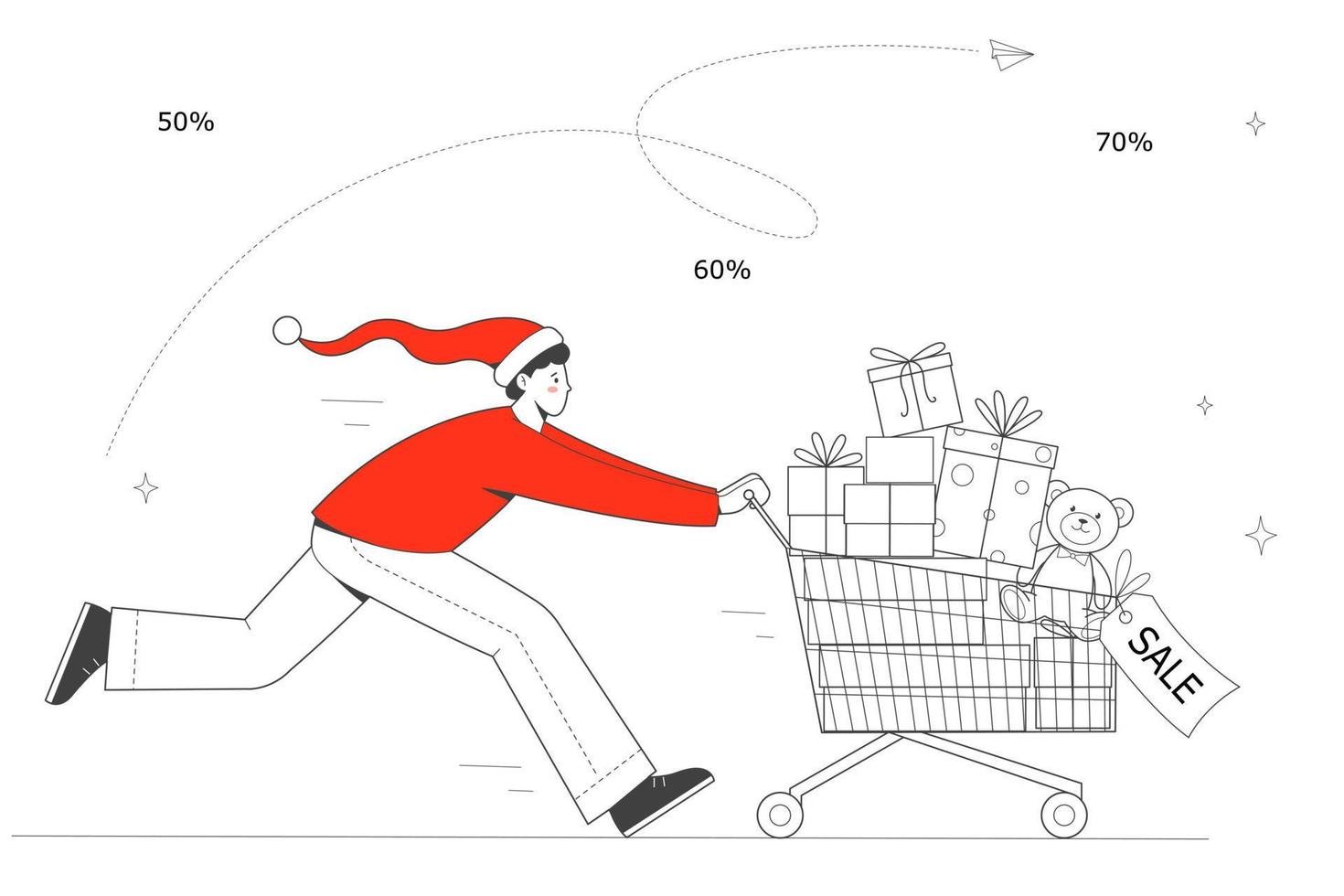 Man in  Santa hat runs with  shopping cart full of purchases. Shopping for the new year. Concept of a Christmas sale. vector