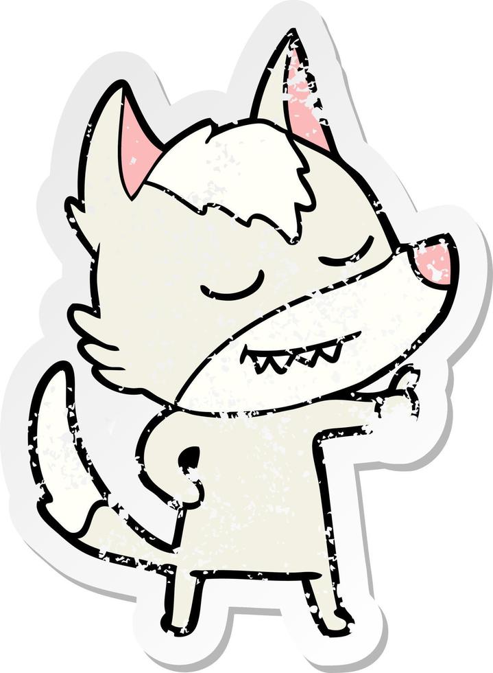 distressed sticker of a friendly cartoon wolf vector