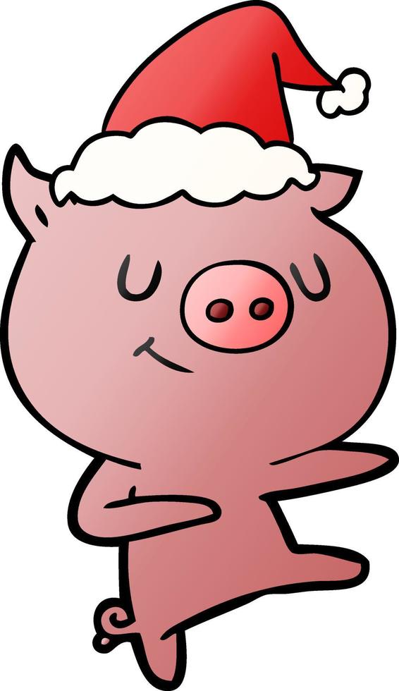 happy gradient cartoon of a pig dancing wearing santa hat vector