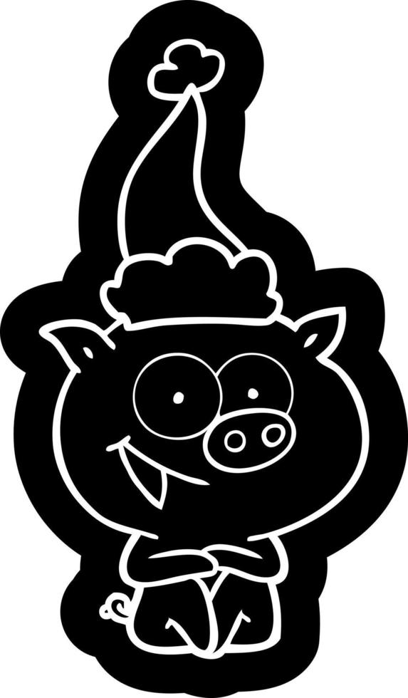 cheerful sitting pig cartoon icon of a wearing santa hat vector