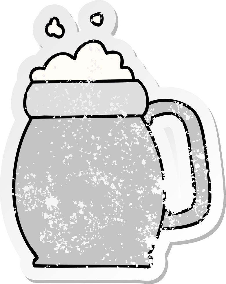 distressed sticker of a quirky hand drawn cartoon pint of beer vector