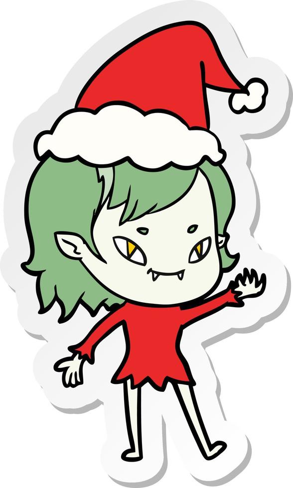 pegatina, caricatura, de, un, amistoso, niña vampiro, llevando, santa sombrero vector