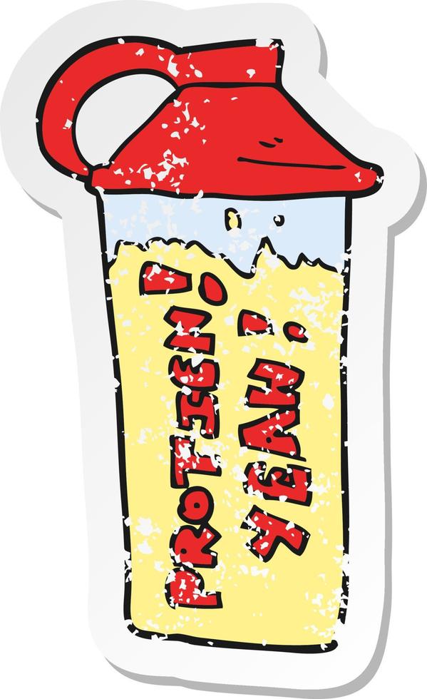 retro distressed sticker of a cartoon protein shake vector