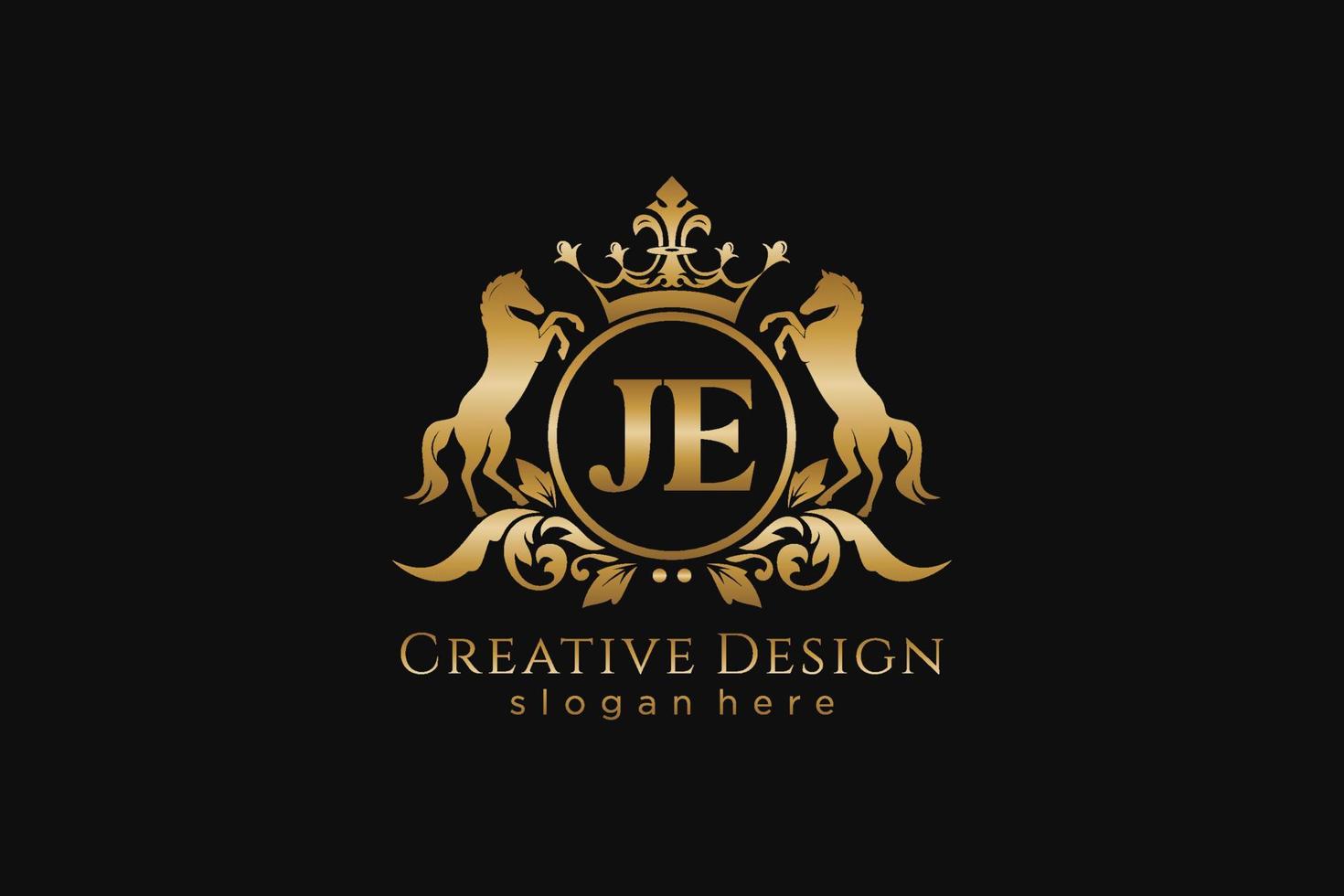 initial JE Retro golden crest with circle and two horses, badge template with scrolls and royal crown - perfect for luxurious branding projects vector