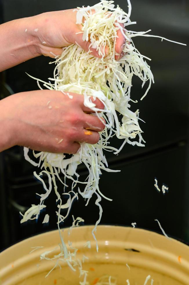 Adding carrots to cabbage, the process of cooking sauerkraut, finely