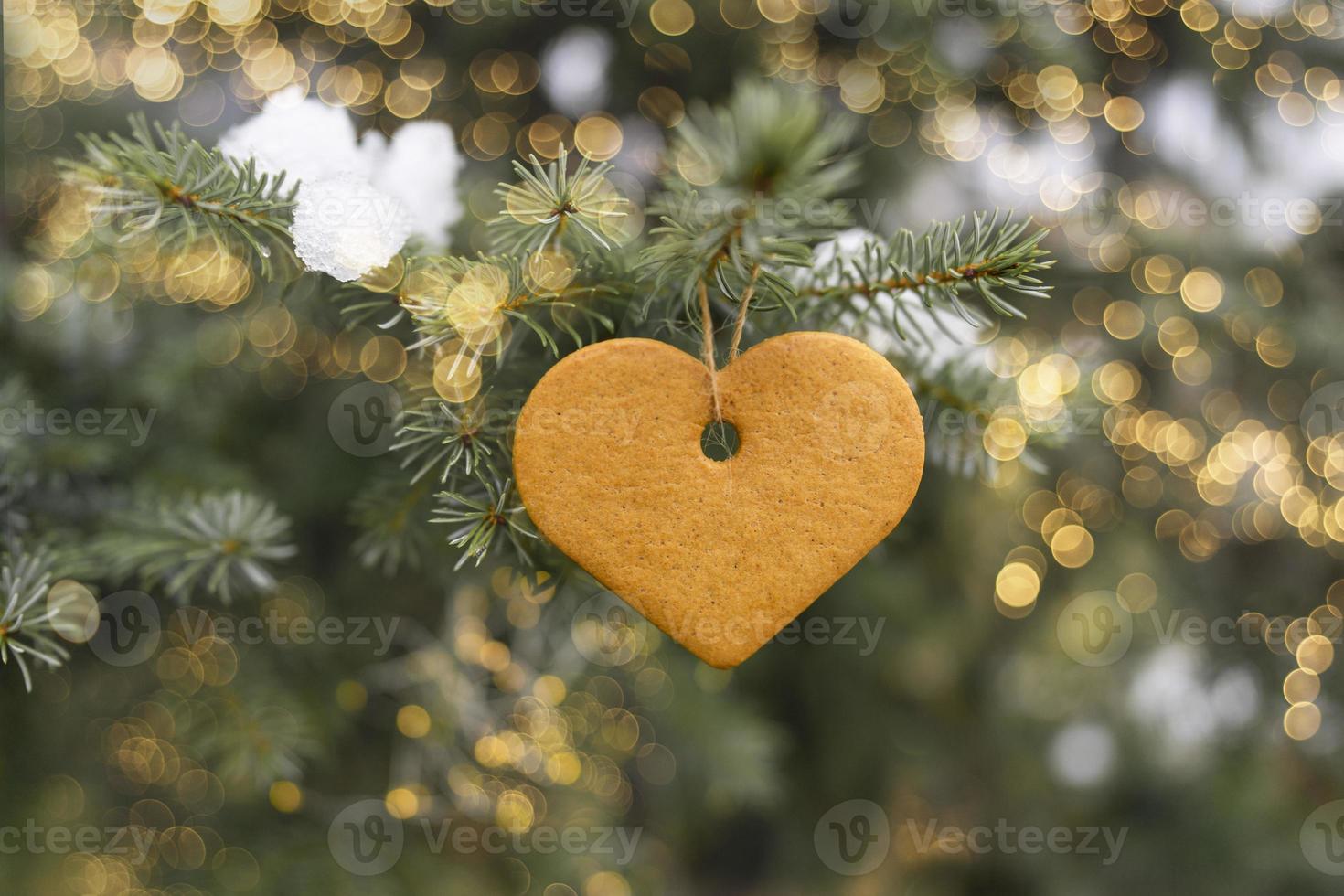 una galleta en el corazón cuelga del árbol con luces bokeh foto